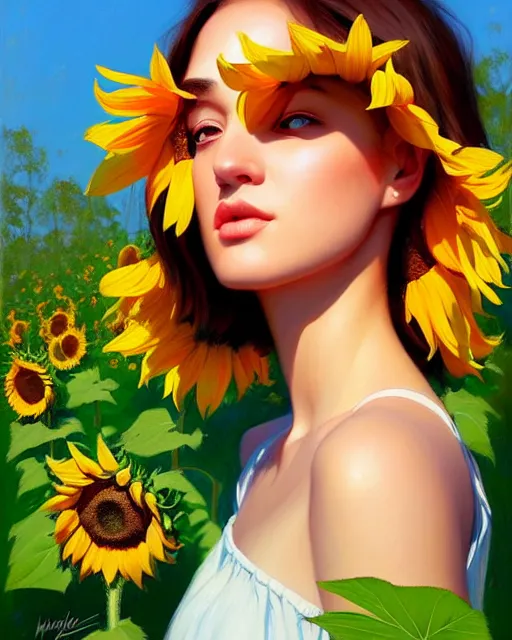 Image similar to stylized portrait of an artistic pose, composition, young lady sorrounded by nature, sunflowers, realistic shaded, fine details, realistic shaded lighting poster by ilya kuvshinov, magali villeneuve, artgerm, jeremy lipkin and michael garmash and rob rey