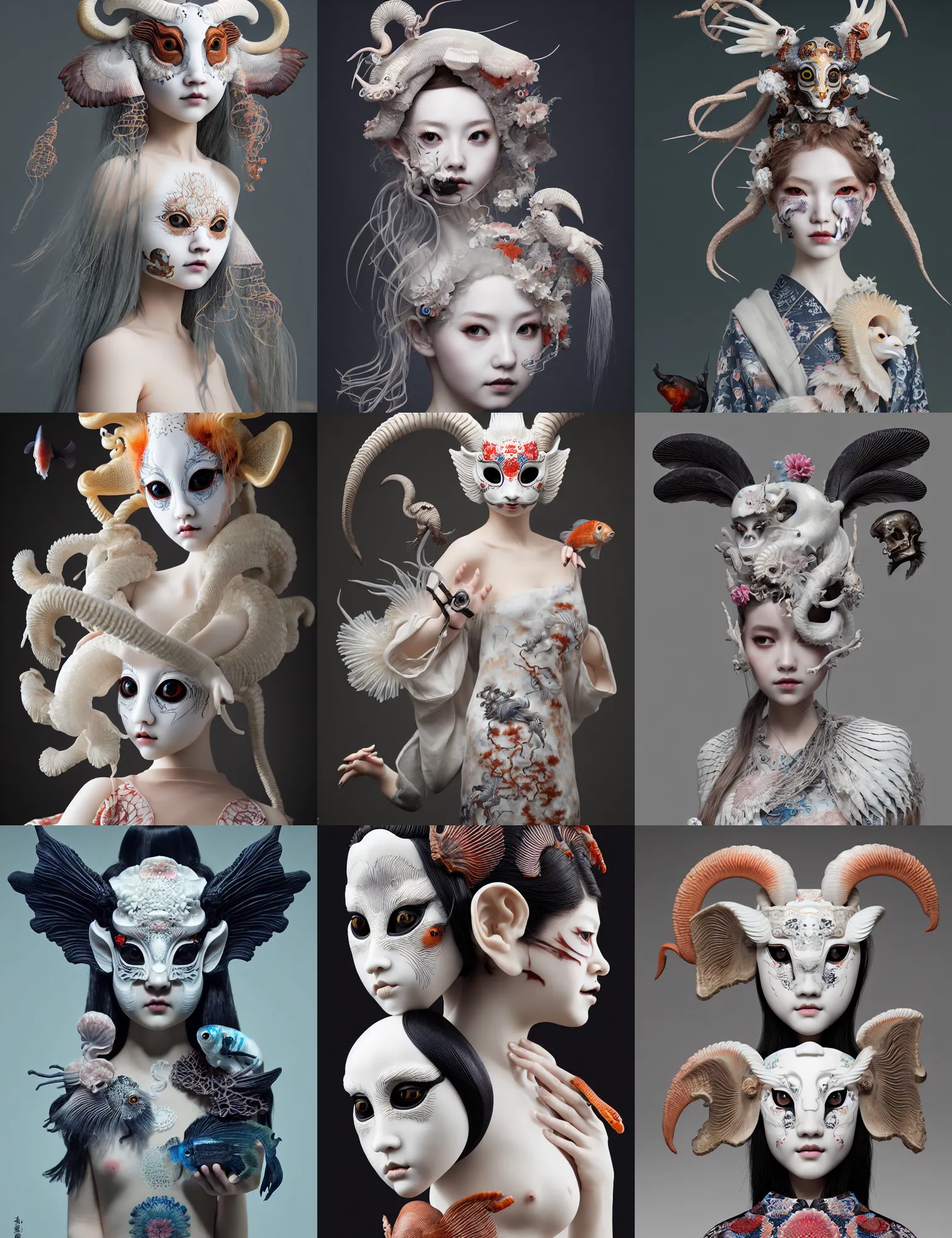 Prompt: 3 d porcelain doll half - turn portrait with ram skull. beautiful intricately detailed japanese crow kitsune mask and clasical japanese kimono. betta fish, jellyfish phoenix, bio luminescent, plasma, ice, water, wind, creature, artwork by tooth wu and wlop and beeple and greg rutkowski