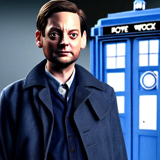 Image similar to tobey maguire as a rough dirty old man with a scruffy beard in a dark blue trenchcoat as the new doctor who, cinematic, volumetric lighting, f 8 aperture, cinematic eastman 5 3 8 4 film, photorealistic