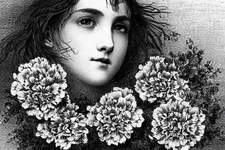 Image similar to black and white, close-up of high detailed young french woman face covered by flowers, Gustave Dore lithography