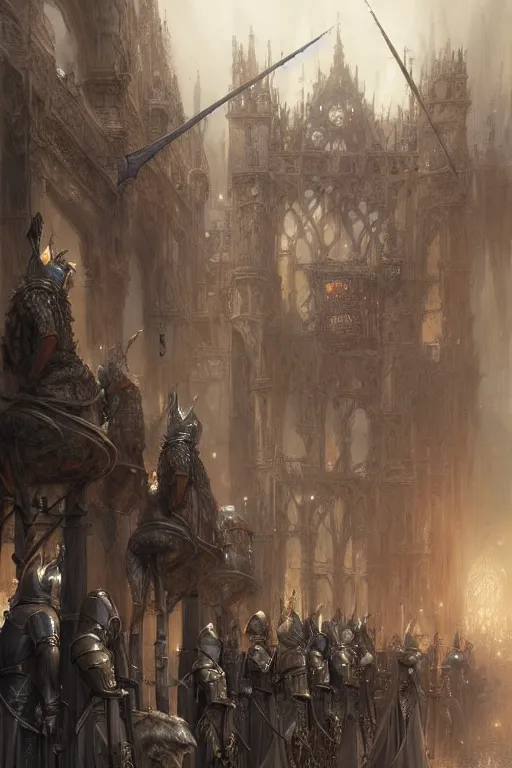 Image similar to medieval parade of knights, by wlop, by luis royo, by peter mohrbacher, concept art, digital illustration, intricate, masterpiece, elegant, super detailed, unreal engine rendering, smooth, sharp focus, artstation hq