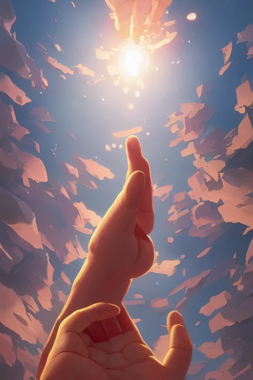 Image similar to a hand reaching out to another hand, behance hd by jesper ejsing, by rhads, makoto shinkai and lois van baarle, ilya kuvshinov, rossdraws global illumination ray tracing hdr radiating a glowing aura