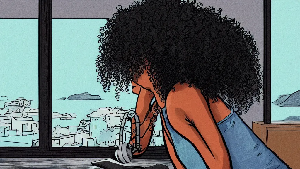 Image similar to black girl, curly hair, with headphones, studying in bedroom, window with rio de janeiro view, lo-fi illustration style, digital art, alive colors