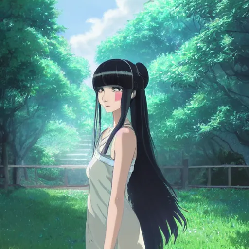 Image similar to Character portrait of a young beautiful woman with long black hair and bangs in a lush park, focus on facial features, large eyes, highly detailed, cel shading, Studio Ghibli still, by Makoto Shinkai and Akihiko Yoshida