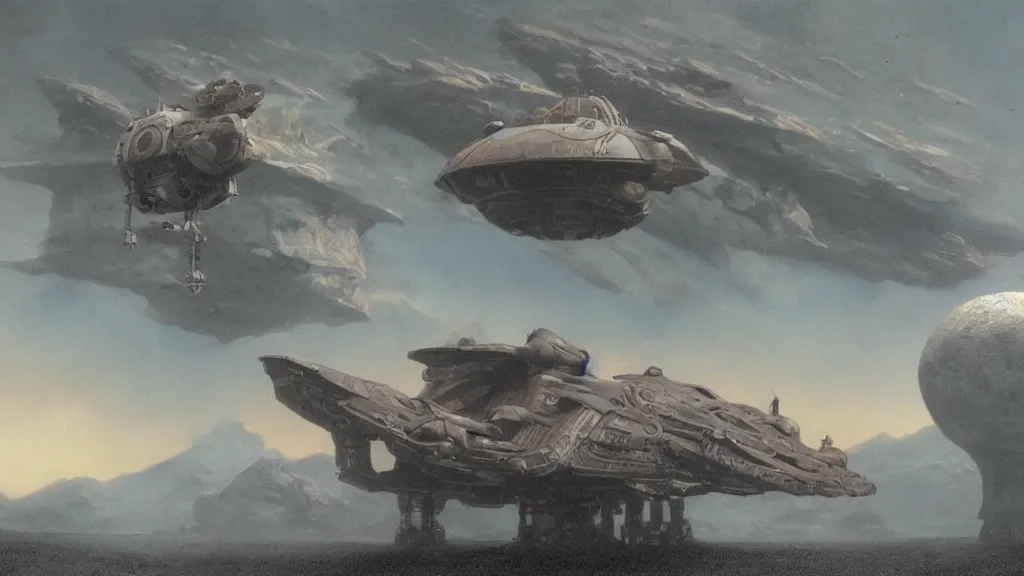 Image similar to small organic dropship lander by john schoenherr and jim burns, epic cinematic matte painting