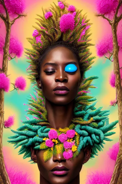 Image similar to hyperrealistic illustration neo - rococo cinematic super expressive! yoruba goddess with exoskeleton armor, merging with tree in a forest, pink yellow flowers, highly detailed digital art masterpiece, smooth etienne sandorfi eric zener dramatic pearlescent soft teal light, ground angle hd 8 k, sharp focus