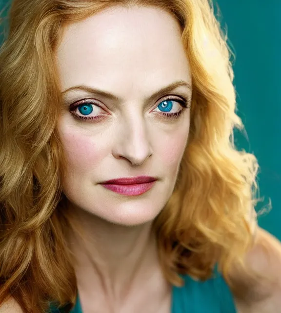 Image similar to beautiful portrait photo of Heather Graham, slight smile, photo by Annie Leibovitz, 85mm, teal studio backdrop, Getty images