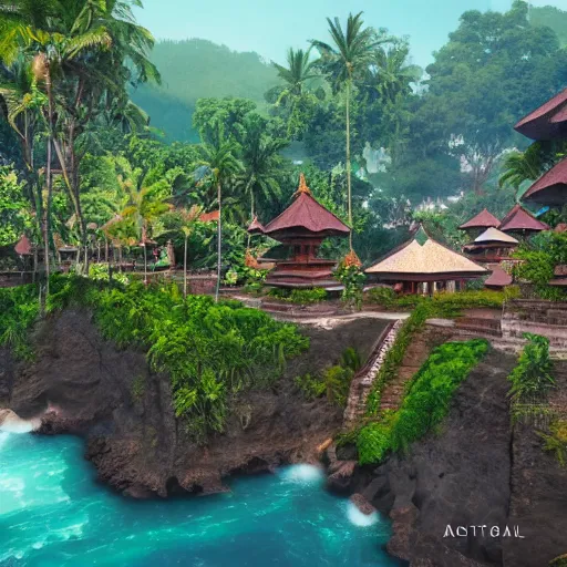 Image similar to A beautiful, perfect, impressive, amazing concept art digital CG painting of a place in Bali, trending on ArtStation, Unreal Engine