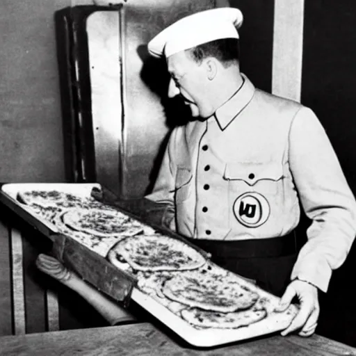 Image similar to hitler making a pizza wearing a pizza man uniform with a swastika on it, photo