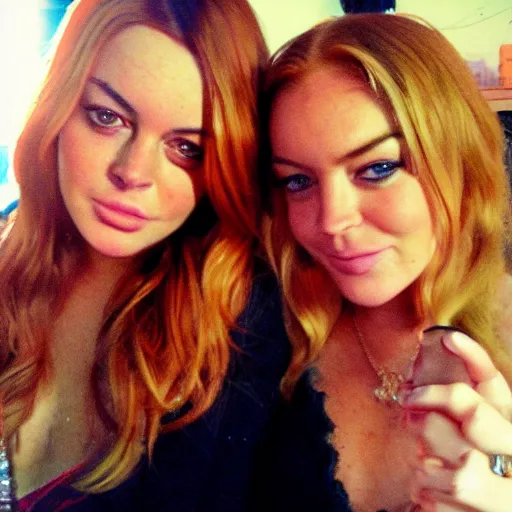 Image similar to Selfie photograph of Lindsay Lohan and Lindsay Lohan, golden hour, 8k,