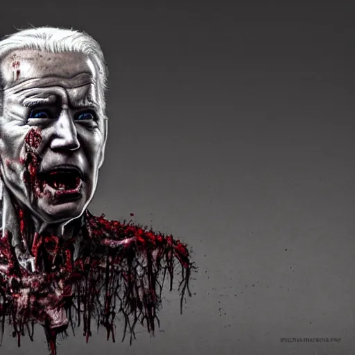 Image similar to joe biden as a rotting zombie, full body portrait, in a front of podeum, horror core, apocalyptic, feeling of grimdark, sharp focus, fiction, hyper detailed, digital art, trending in artstation, cinematic lighting, studio quality, smooth render, unreal engine 5 rendered, octane rendered, art style and nixeu and wlop and krenz cushart