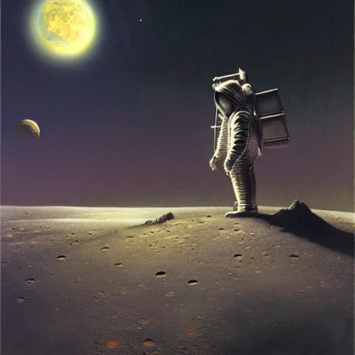 Image similar to crusader standing on the moon, vintage sci - fi art, by bruce pennington