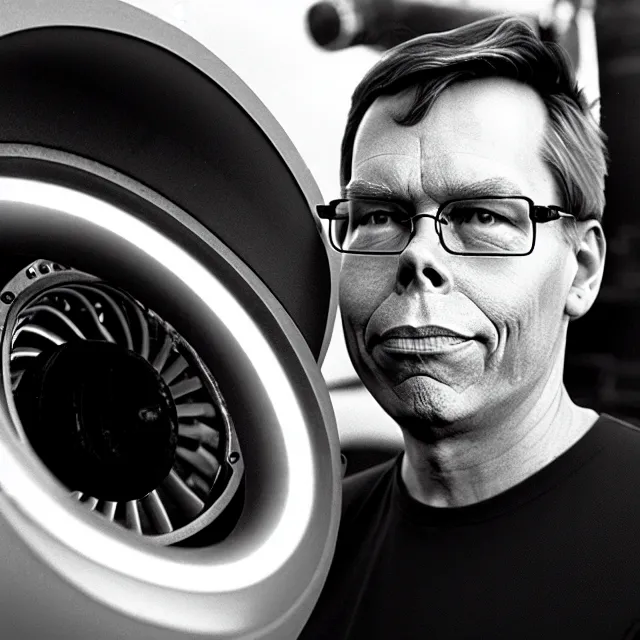 Image similar to a photo of bob lazar standing by his jet engine honda civic, cinematic lighting, detailed symmetrical face, photorealistic, highly detailed