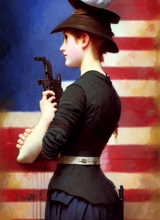 Image similar to character concept portrait of girl with an american flag in one hand and a rifle in one hand, victorian, intricate, elegant, digital painting, concept art, smooth, sharp focus, illustration, by Ruan Jia and Mandy Jurgens and William-Adolphe Bouguereau, Artgerm