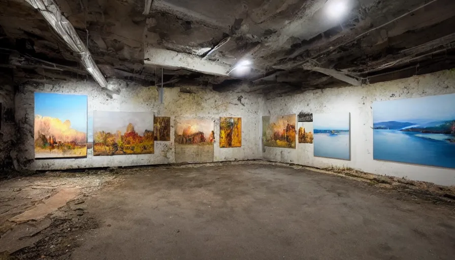 Image similar to photos of landscapes, in a decrepit art gallery, painted on by robots! dramatic lighting