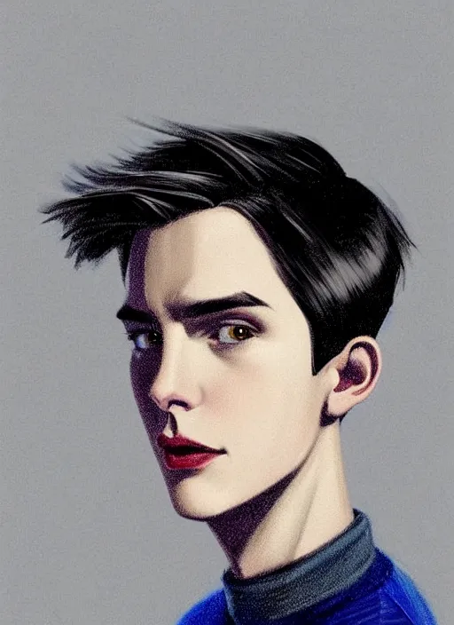 Image similar to portrait of teenage jughead jones wearing a light grey crown, crown, blue turtleneck, 1 9 5 0 s, closed eyes, photorealistic, black hair, glowing lighting, intricate, elegant, glowing lights, highly detailed, digital painting, artstation, concept art, smooth, sharp focus, illustration, art by wlop, mars ravelo and greg rutkowski