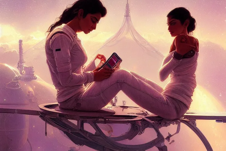 Image similar to Sensual good looking pale young Indian doctors wearing jeans in a space station above Earth, portrait, elegant, intricate, digital painting, artstation, concept art, smooth, sharp focus, illustration, art by artgerm and greg rutkowski and alphonse mucha