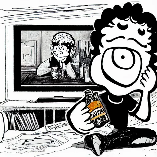 Image similar to A very sad Jon Arbuckle in real life in a comic book style sitting in his living room at home while holding a beer and being depressed, extremely depressed while watching TV, very nostalgic, very melancholic, dramatic angle, rotoscoped, rotoscope, photoshop, photomanipulation, realism, painting, illustration and sketch, weird scribbles, hybrid styles, hybrid art styles, mismatched, trending on artstation, trending on deviantart, weird, quirky, interesting, very detailed, highly detailed, HD Quality, 4k resolution, 8k resolution, in the style of David Firth, in the style of James Lee, in the style of Drue Langlois,