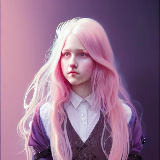 Image similar to portrait of a scottish teenage girl with pinkish grayblonde hair, glowing skin, awkward, nerdy, fantasy, intricate, elegant, dress shirt, highly detailed, digital painting, artstation, concept art, smooth, sharp focus, illustration, art by Krenz Cushart and Artem Demura and alphonse mucha