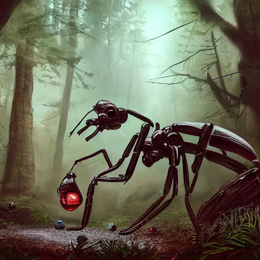 Prompt: a huge cyberpunk Ant in the Forest, Concept art, digital art, well detailed, trending on artstation, by Stephen king, 8k, Lovecraft, horror