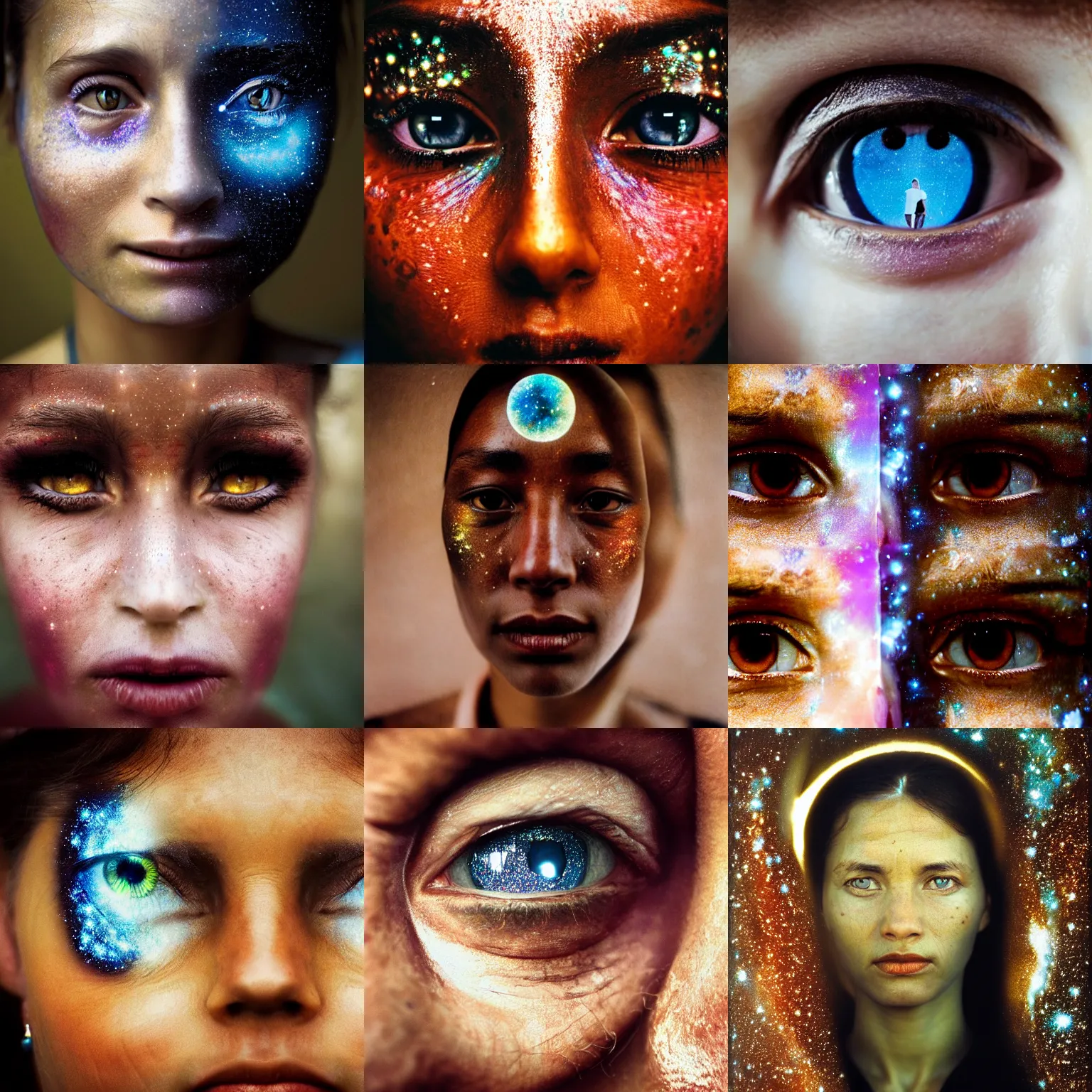 Prompt: photo portrait of woman face with galaxies reflected inside her eyes, by Steve McCurry