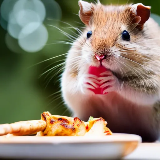 Image similar to detailed photo of a hamster eating a kebab, outdoors, various poses, full body, unedited, daylight, 8 k