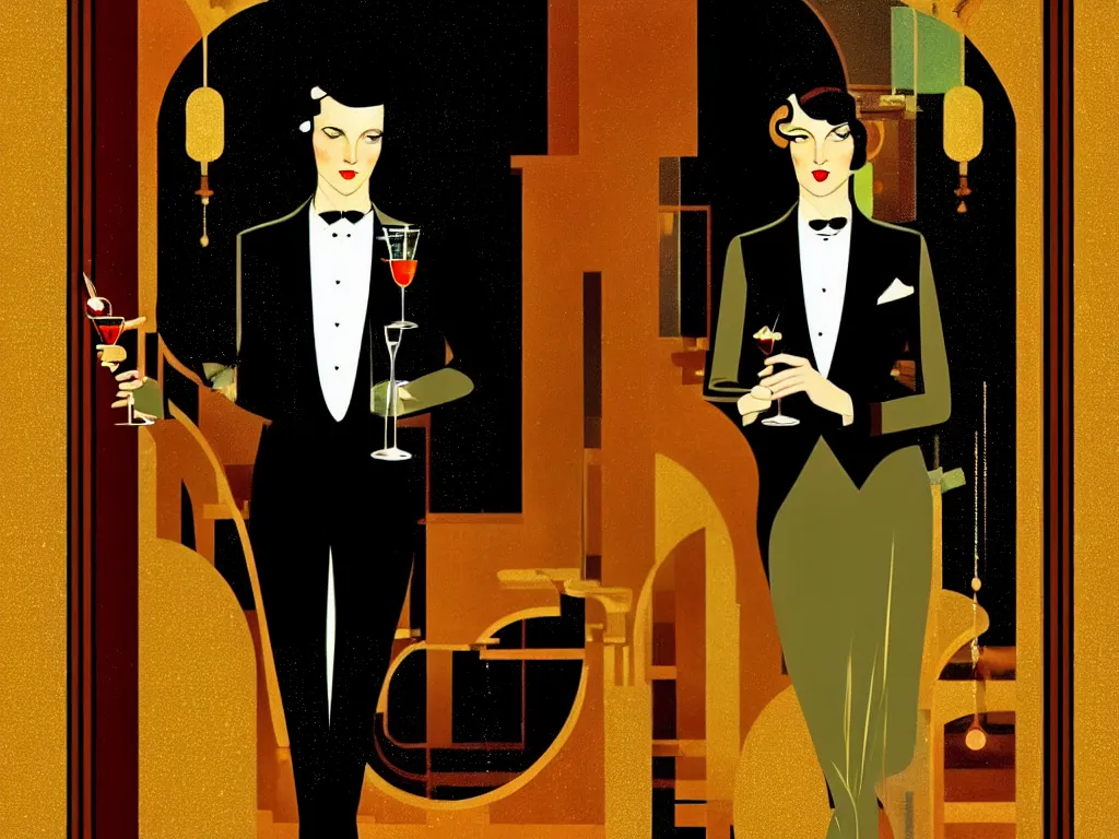 Prompt: an elegant man entering a jazzy nightclub, dimly lit upscale 1920s speakeasy, relaxed pose, art deco, detailed painterly digital art style by Coles Phillips, retro vibe, furaffinity, 🍸, 8k octane beautifully detailed render, post-processing, extremely hyperdetailed, intricate, epic composition, grim yet sparkling atmosphere, cinematic lighting + masterpiece, trending on artstation, very detailed, vibrant colors, Art Nouveau, masterpiece, romanticism