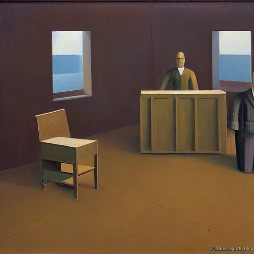 Image similar to three brutalist robot judges in a rotunda room, grant wood, pj crook, edward hopper, oil on canvas