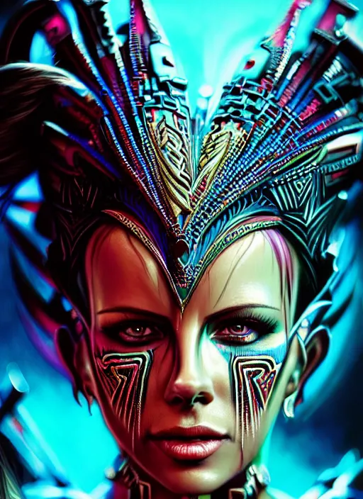 Image similar to hyper detailed ultra sharp aztec underworld warrior trance girl, beautiful face, kate beckinsale. trending on artstation, warpaint aesthetic, earthwave, colorful, neon, ornate, intricate, digital painting, concept art, smooth, sharp focus, illustration, art by artgerm and greg rutkowski and h. r. giger, 8 k