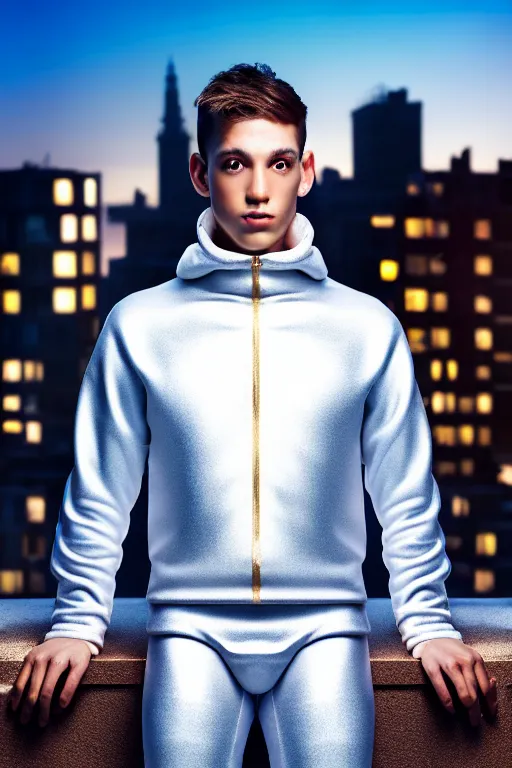 Image similar to un ultra high definition studio quality photographic art portrait of a young man standing on the rooftop of a british apartment building wearing soft padded silver pearlescent clothing. three point light. extremely detailed. golden ratio, ray tracing, volumetric light, shallow depth of field. set dressed.