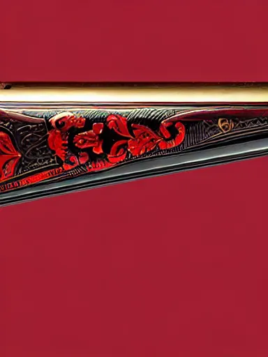 Image similar to a shotgun made from glossy red - painted wood and elements of gold metalwork