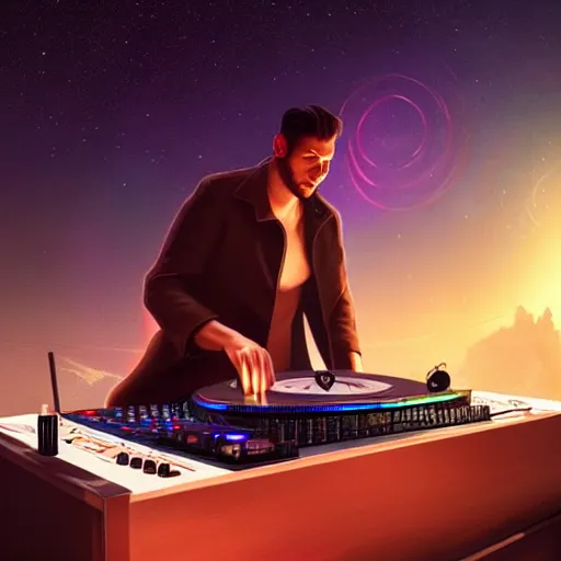 Prompt: A man djing at night under the stars, beautiful, digital art, artstation, hyperrealistic, 4k, unreal engine, octane render, trending on artstation, art by Artgerm and Greg Rutkowski and Alphonse Mucha