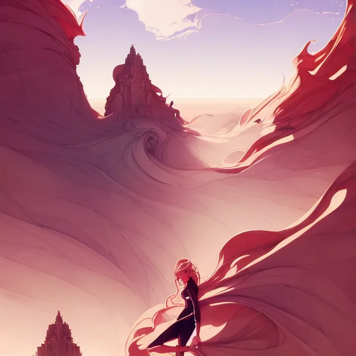 Image similar to style artgerm, joshua middleton, conrad roset, a giant brown stone castle in the desert, very long spires, sand swirling, detailed, ocean background setting, volumetric lighting