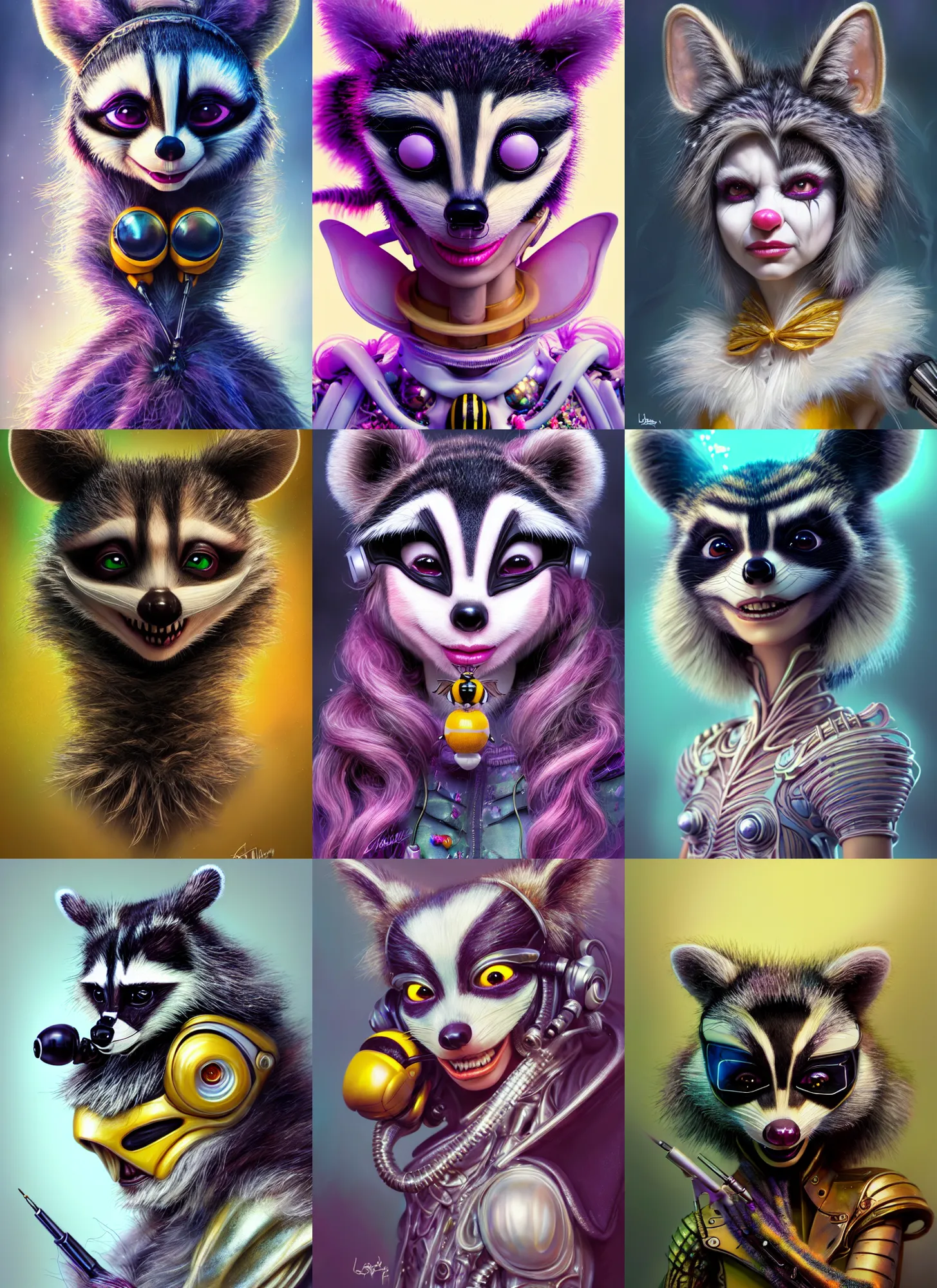 Prompt: disney weta portrait, soft lustrous biotech raver white clowncore bumblebee raccoon cyborg, earbuds, hi - fructose, sci - fi, fantasy, cyberpunk, intricate, decadent, highly detailed, digital painting, ever after high, octane render, artstation, concept art, smooth, sharp focus, illustration, art by pixar, loish, wlop
