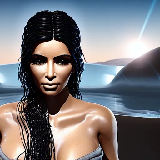 Prompt: epic still of a kim kardashian with trapped in a transparent alien liquid, wet flowing hair, gooey skin, illustration, unreal engine 5, 8 k, made by h. r. giger