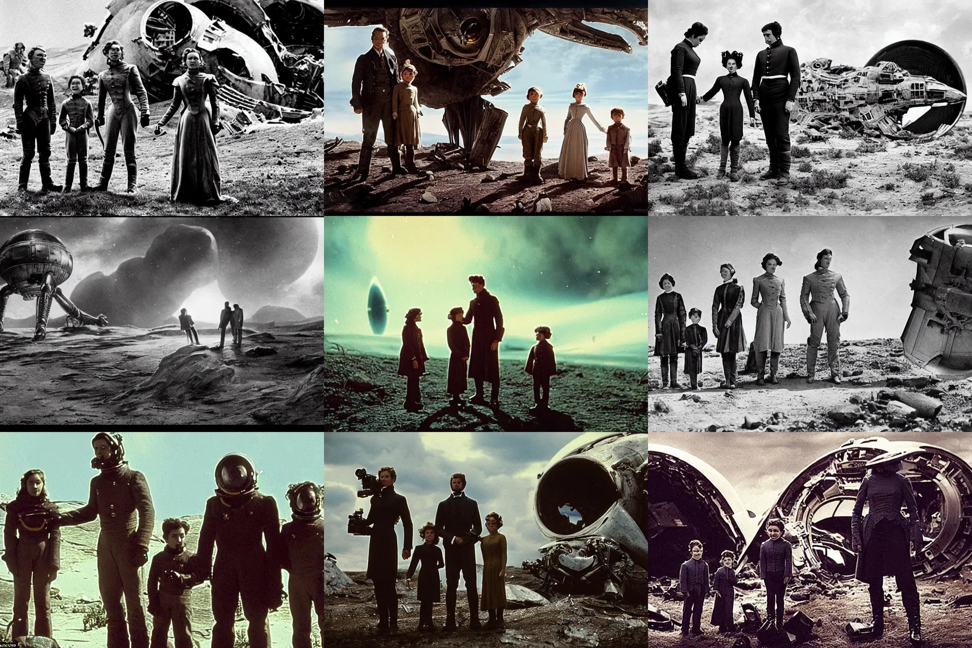 Prompt: extremely sharply detailed, film from blockbuster 1 6 k sci fi color movie freeze frame, set 1 8 6 0, family standing in front of crashed spaceship, on alien planet, looking happy, wearing 1 8 5 0 s era clothes, atmospheric lighting, in focus, reflective eyes, 8 0 0 mm lens, live action, nice composition and photography, clear facial features