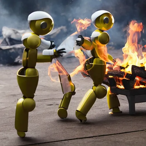 Prompt: Robot workers dancing around a fire