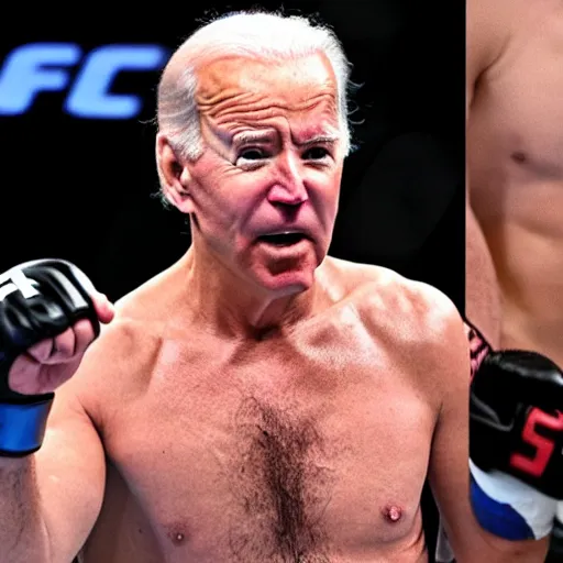 Prompt: joe biden getting knocked out in the ufc octagon, black eye on left side, detailed facial expressions, 1 9 8 0 s aesthetic