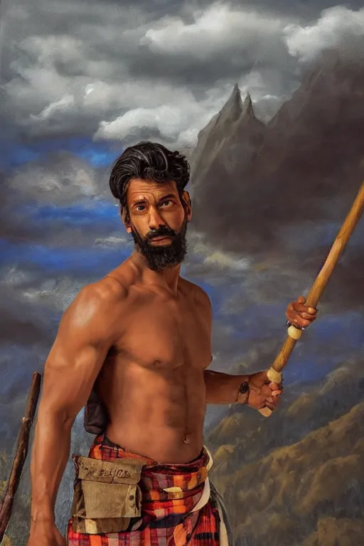 Prompt: an ethereal dramatic painting of a handsome rugged shirtless desi hiker | he is wearing a plaid kilt and cowboy hat, and holding a wooden pole | background is mountains and clouds | homoerotic, dramatic lighting, realistic, highly detailed | by clyde aspevig, by paul cadmus, by bill ward, ( ( ( by greg rutkowski ) ) ) | trending on artstation