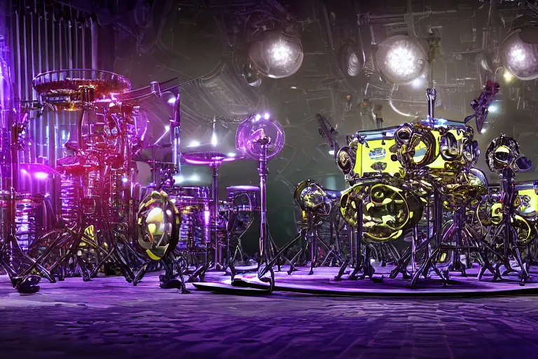 Image similar to photo of huge robotic drumset on a concert tage, the drumset is futuristic steampunk style with gears and tubes, 8 k, fluorescent colors, halluzinogenic, multicolored, exaggerated detailed, unreal engine