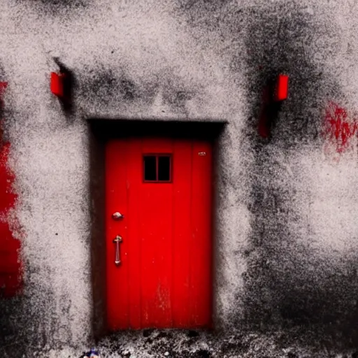 Prompt: a red door at the bottom of the ocean, ominous, deep, ethereal, dark, bubbles, marine life
