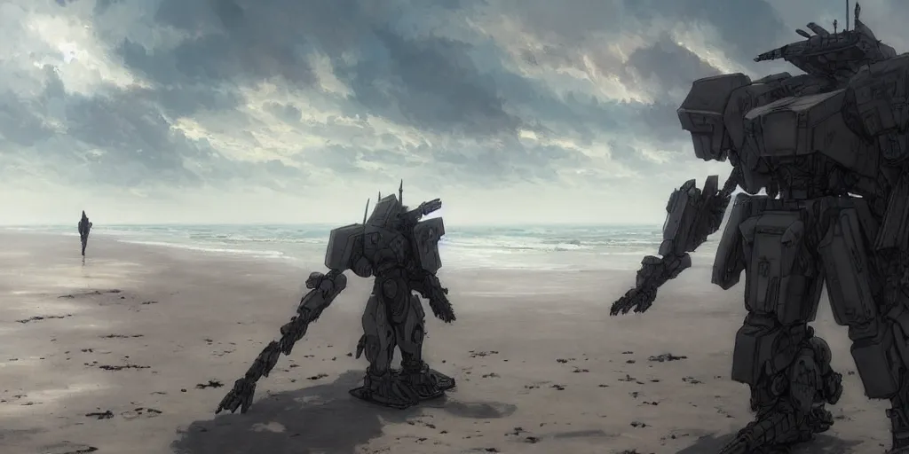 Prompt: an armored core in the beach, clouds, daylight ; detailed illustrations, pastel tones, deep colors, clear lines, by jordan grimme, greg rutkowski