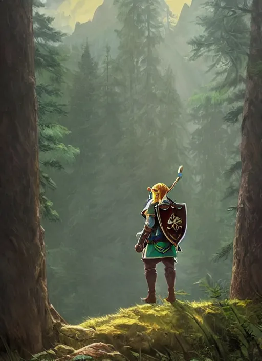 Image similar to link legend of zelda with shield on his back standing at a forest looking for adventure in the mountains, tall trees, landscape is lush, moody sunset in background, greg rutkowski, alphonse mucha, trending on artstation, artgerm, unreal engine, breathtaking, award winning, highly detailed