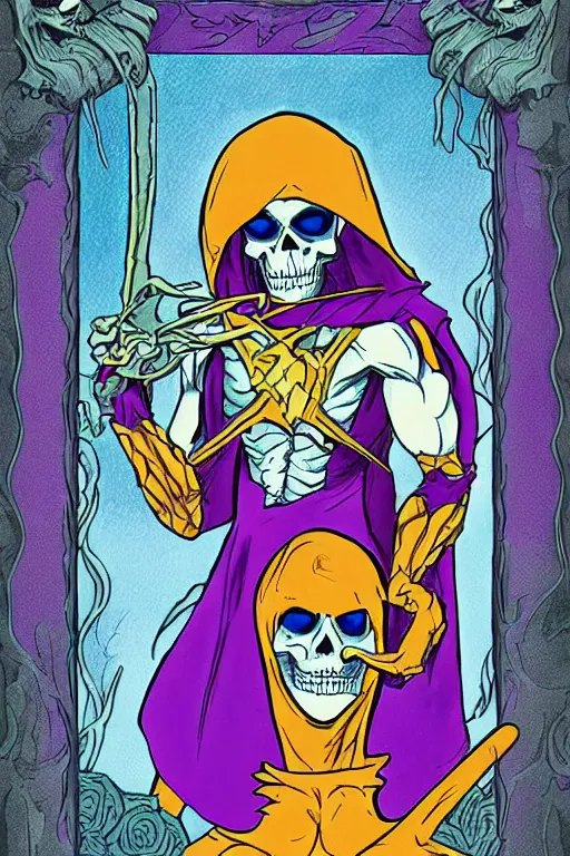 Prompt: skeletor tarot card, illustrated by john dyer baizley