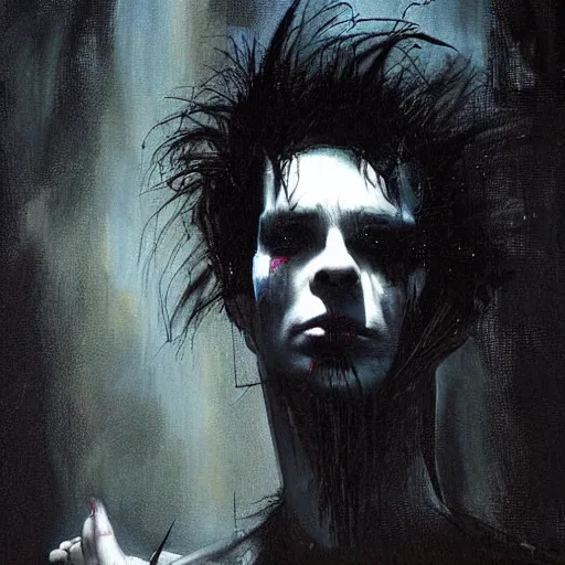 Image similar to stunning portrait of gaunt sid vicious a ( the cure fan ) as dream from sandman, dim stars as eyes, by jeremy mann, by cedric peyravernay, by by russ mills, by richard avedon and ben templesmith, dramatic lightning, sadness, dark eye sockets, in the shadows, punk rock, gothic, high detailed, 8 k