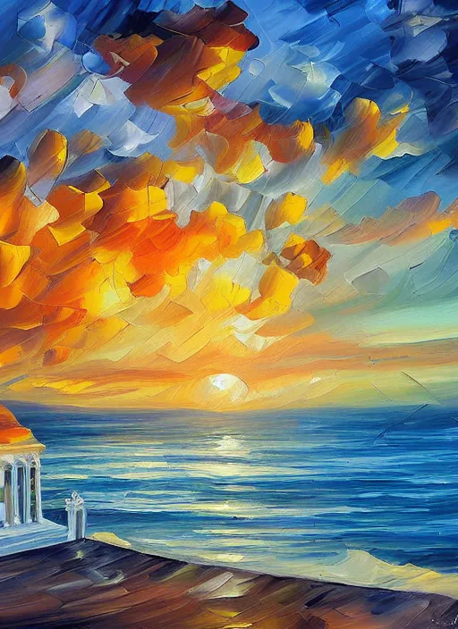 Prompt: beautiful seaside greek chapel at sunset in the style of leonid afremov