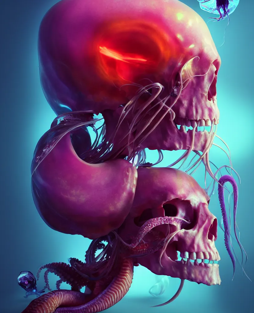 Image similar to goddess close - up portrait human skull, ram skull, squid phoenix jellyfish, orchid, betta fish, bioluminiscent, intricate artwork by tooth wu and wlop and beeple. octane render, trending on artstation, greg rutkowski very coherent symmetrical artwork. cinematic, hyper realism, high detail, octane render, 8 k