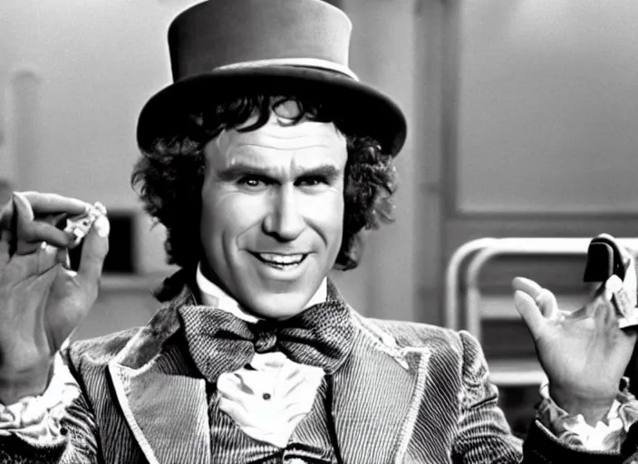 Image similar to film still of Will Farrel as Willy Wonka in Willy Wonka and the Chocolate Factory 1971