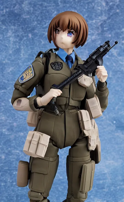 Prompt: toy photo, realistic face, school uniform, portrait of the action figure of a scifi soldier girl, anime character anatomy, small blue eyes, figma by good smile company, collection product, dirt and smoke background, flight squadron insignia, realistic military gear, 70mm lens, round elements, photo taken by professional photographer, trending on instagram, symbology, 4k resolution, low saturation, realistic military carrier