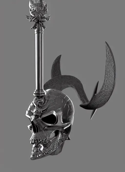 Prompt: a black long sword skull crest, orthographic, ornament, weapon, a 3 d render by dom qwek, front side views full, trending on polycount, artstation, hard surface modeling, rendered in maya, 3 ds max, blender, hd, vray, berserk blood